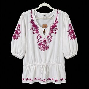Ariat Embroidered Tunic Top Size L White Pink Boho Western Peasant Blouse